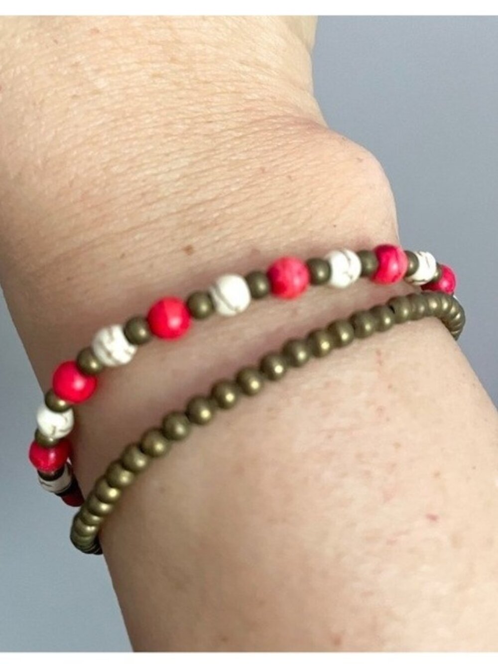 Red White Beaded Double Strand Bracelet / Anklet - 8" long